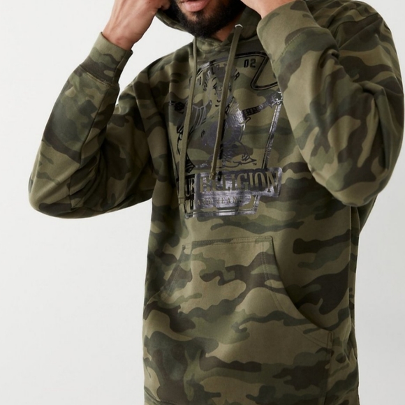 True Religion camouflage CAMO Foil Buddha hoodie Sweatshirt Black Logo NEW L Men